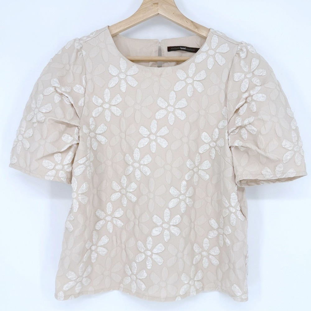 Anthropologie Azel Hazel Cream Floral Daisy Jacquard Puff Sleeve Blouse Size M